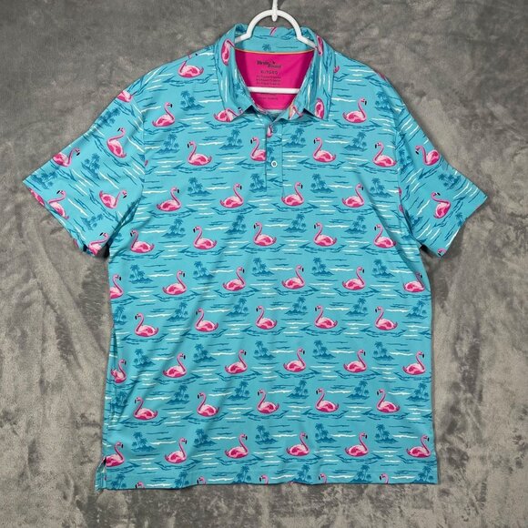 Birdie Bound Men's XL Blue Flamingo Print Golf Polo Shirt Stretch Performance - Picture 1 of 6